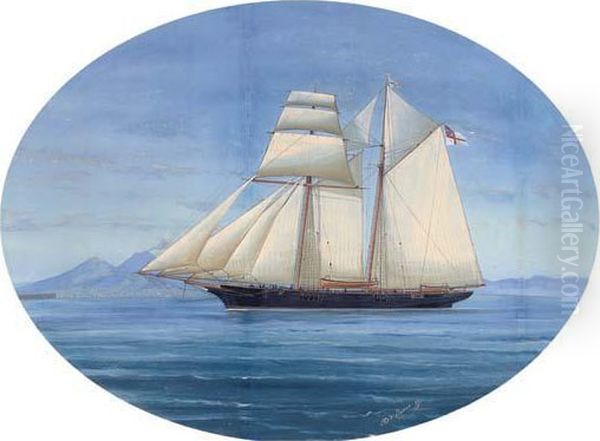 A Topsail Schooner Of The Royal Yacht Squadron In The Mediterranean Off Naples Oil Painting by Atributed To A. De Simone