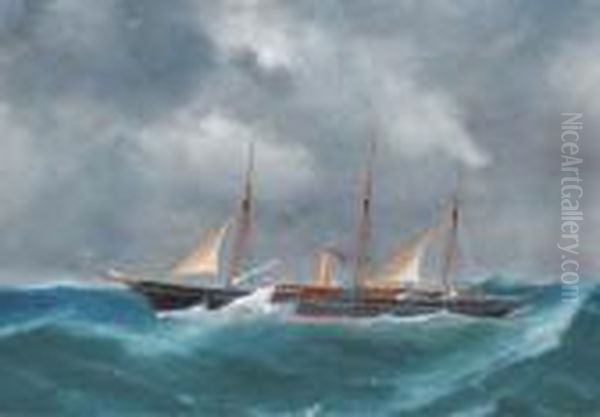 The Schooner-rigged Steam Yacht Catarina At Sea Oil Painting by Atributed To A. De Simone