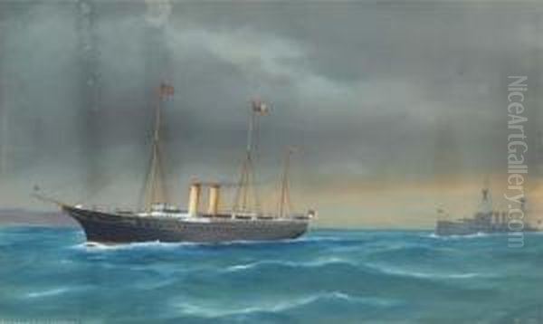 The Royal Yacht Victoria & 
Albert Under Escort In The Mediterranean By H.m.s. Cochrane Oil Painting by Atributed To A. De Simone