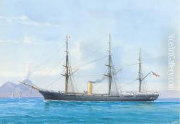 A British Naval Corvette Under 
Steam In The Bay Of Naples: And A British Naval Corvette At Sea Oil Painting by Atributed To A. De Simone