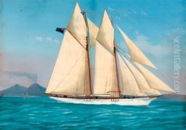 The Royal Thames Yacht Club Schooner Aphrodite In The Bay Ofnaples Oil Painting by Atributed To A. De Simone