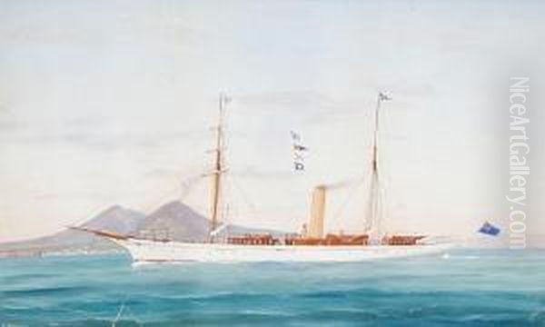 The Steam Yacht Rhouma In The Bay Of Naples,and In Stormy Waters Oil Painting by de Simone Tommaso