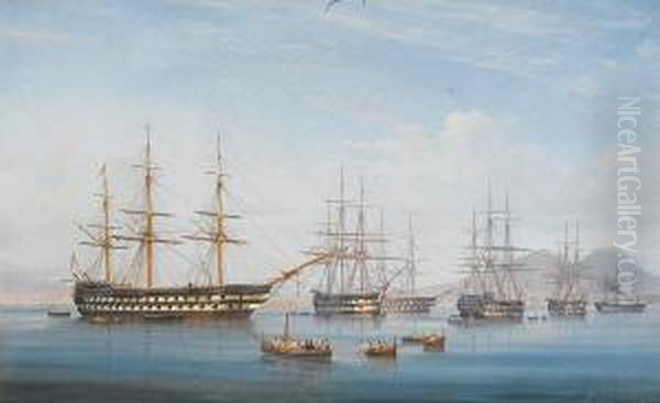 Ships Of The Mediterranean Fleet Lying Atanchor In The Bay Of Naples Oil Painting by de Simone Tommaso