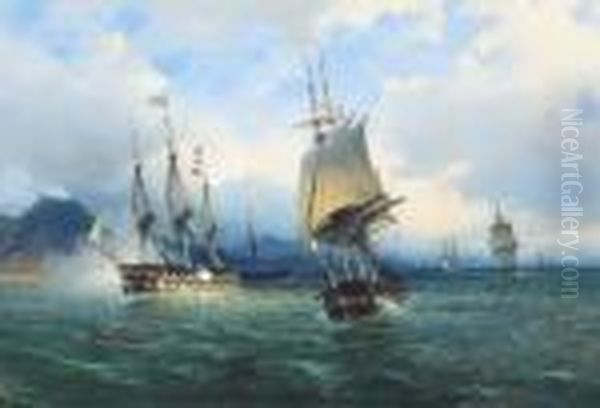 Warships In The Mediterranean Signalling Their Arrival Offnaples Oil Painting by de Simone Tommaso