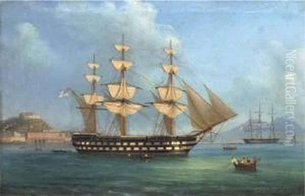 H.m.s. Cressy Lying At Anchor Off Naples Oil Painting by de Simone Tommaso