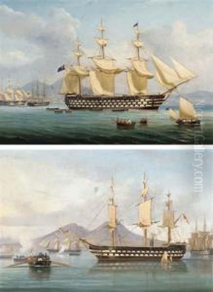 A Squadron Of Ships Of The Royal
 Navy's Mediterranean Fleet Lyingin Naples Bay During A Courtesy Visit 
To Naples Oil Painting by de Simone Tommaso