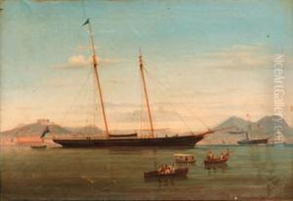 A Schooner Yacht Of The Royal Northern Yacht Club Lying At Anchorin Naples Bay Oil Painting by de Simone Tommaso