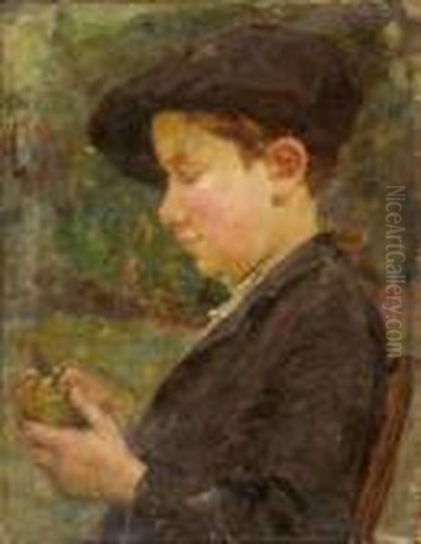 Jeune Garcon Epluchant Une Pomme Oil Painting by Jose Julio de Souza-Pinto