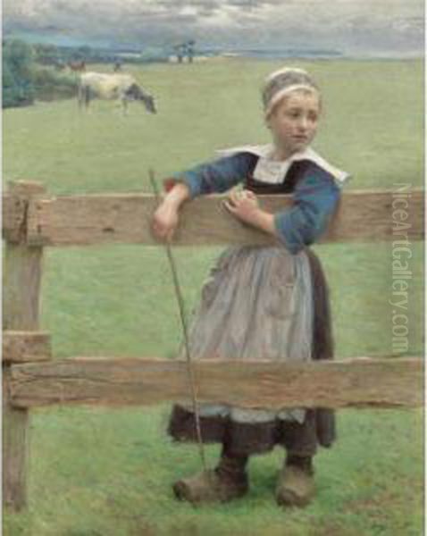 A Pequena Guardadora De Vacas (the Little Cowherd) Oil Painting by Jose Julio de Souza-Pinto