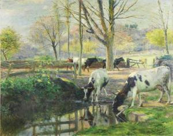 Paisagem Com Vacas E Figura Feminina Oil Painting by Jose Julio de Souza-Pinto