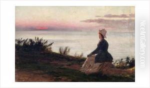 Jeune Femme Contemplant Le Coucher De Soleil Au Bord De L'ocean Oil Painting by Jose Julio de Souza-Pinto