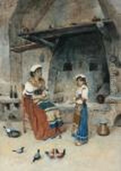 Italian Woman Winding Wool Oil Painting by Publio Tommasi