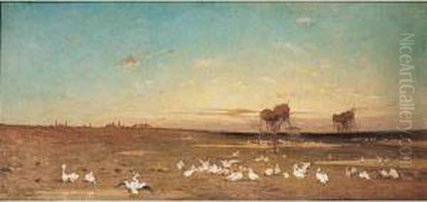 Les Pelicans, Circa 1860 Oil Painting by Charles Emile Vacher De Tournemine