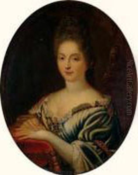 Portrait D'une Femme De Qualite Les Mains Posees Sur Un Coussin Rouge Oil Painting by Francois de Troy