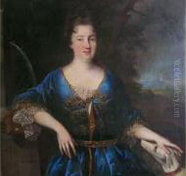 Portrait De Femme En Robe Bleue Caressant Un Chien Oil Painting by Francois de Troy