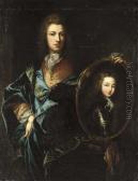 Portrait Of A Gentleman, 
Three-quarter-length, In A Pink Jacket And A Blue Cloak, His Left Hand 
Resting On An Oval Portrait Of Louis Xv As A Boy Oil Painting by Francois de Troy