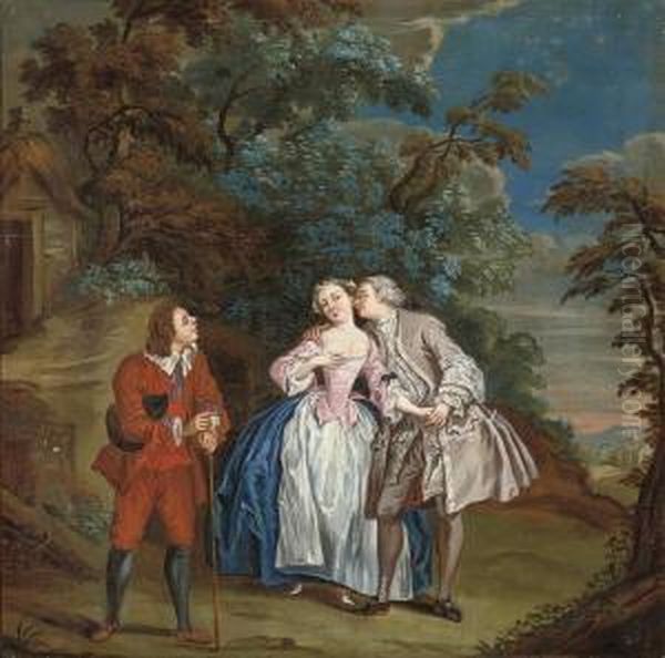 An Elegant Couple Courting In A Classical Courtyard Oil Painting by Jean Francois de Troy