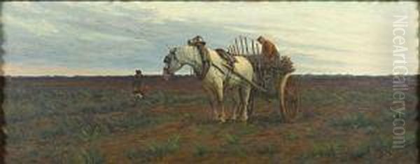 Boer En Trekpaard In Een Landschap. Oil Painting by Franz De Vadder