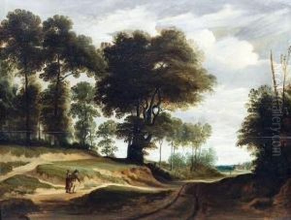 Sandiger Waldweg Mit Wanderern Und Ausblick Auf Ein Gehoft Oil Painting by Lodewijk De Vadder