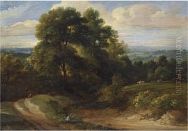 A Wooded Dune Landscape With A 
Shepherd Herding His Flock And A Traveller On A Path, A View Of A Town 
Beyond Oil Painting by Lodewijk De Vadder