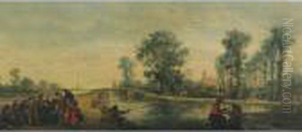 River Landscape With Elegant 
Figures Conversing While A Piper Plays And Townsfolk Promenade On The 
Opposite Shore Oil Painting by Lodewijk De Vadder