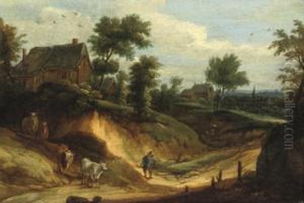 A Hilly Landscape With A Herdsman And His Cattle, A Cottage Nearby Oil Painting by Lodewijk De Vadder