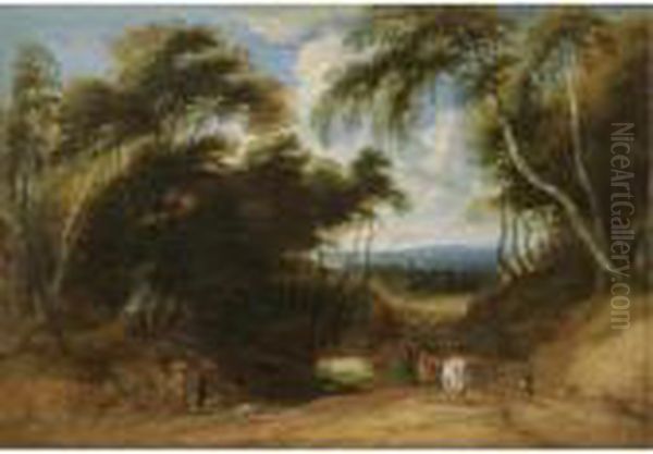 A Wooded Landscape With Herdsmen Watering Their Cattle In A Clearing Oil Painting by Lodewijk De Vadder