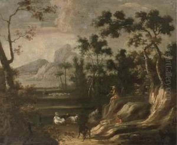 A Wooded Landscape With Herdsmen, Mountains Beyond Oil Painting by Lodewijk De Vadder