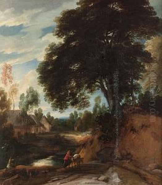 A Wooded Landscape With A Traveller Walking Beside A Stream, A Village Beyond Oil Painting by Lodewijk De Vadder