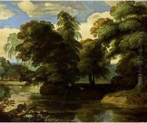 A Wooded Landscape With A Sportsman Shooting Ducks Near A Stream Oil Painting by Lodewijk De Vadder