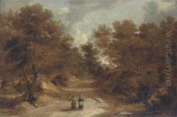 A Wooded Landscape With Peasants On A Path Oil Painting by Lodewijk De Vadder