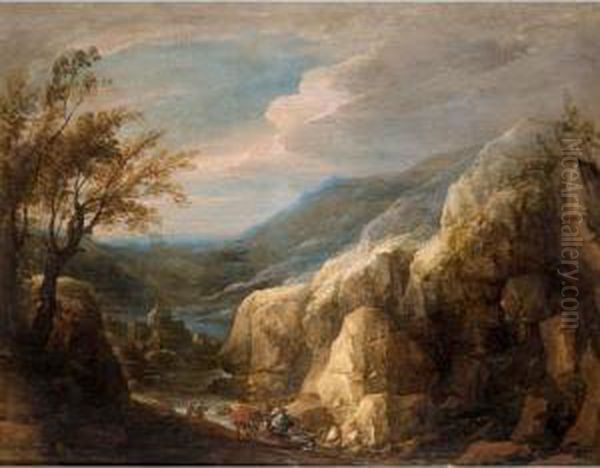 An Extensive Mountianous Landscape With Figures And A Donkey Beside A River Oil Painting by Lodewijk De Vadder