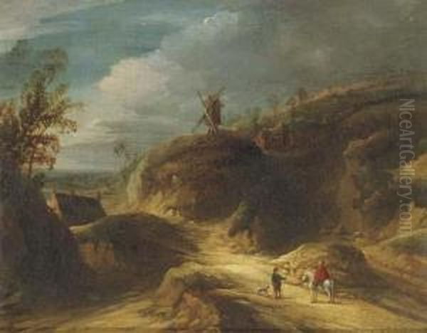 A Mountainous Landscape With Travelers Conversing On A Path, Awindmill Beyond Oil Painting by Lodewijk De Vadder