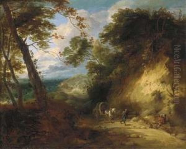 A Wooded Landscape With Travellers On A Path Oil Painting by Lodewijk De Vadder