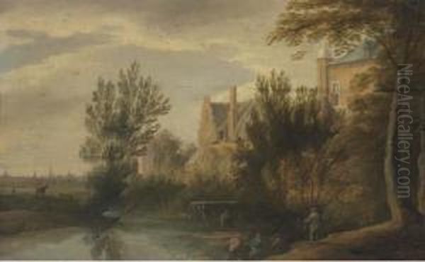 A River Landscape With A Fisherman, A Town Beyond Oil Painting by Lodewijk De Vadder