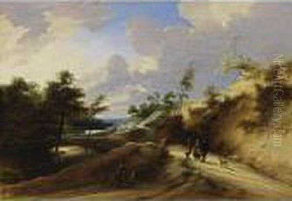 A Wooded Dune Landscape With 
Peasants Conversing On A Path, A Dog On The Side, Near A Pond Oil Painting by Lodewijk De Vadder