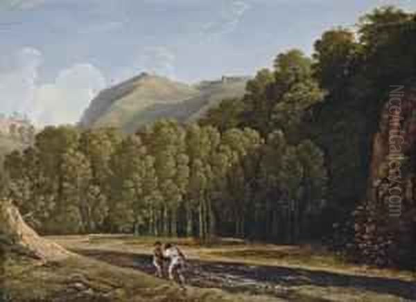 An Italianate Wooded Landscape With Fishermen Pulling In Their Catch Oil Painting by Pierre-Henri de Valenciennes