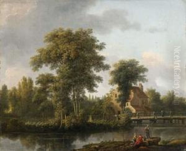  Pecheurs Au Bord De La Riviere Pres Du Moulin A Eau  Oil Painting by Pierre-Henri de Valenciennes