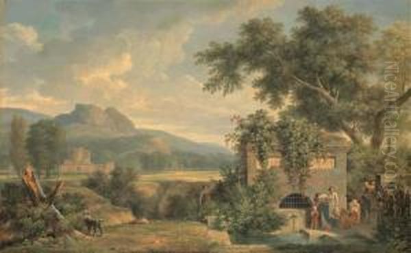 Paysage Anime De Ruines Antiques, Avec Des Personnages S'abreuvanta La Fontaine Oil Painting by Pierre-Henri de Valenciennes