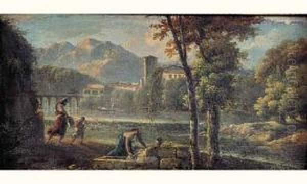 Riviere Dans Un Paysage Classique Anime De Promeneurs Oil Painting by Pierre-Henri de Valenciennes