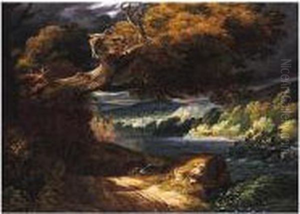 A Stormy Landscape With A Fallen Oak Beside A River, A Town Beyond Oil Painting by Pierre-Henri de Valenciennes