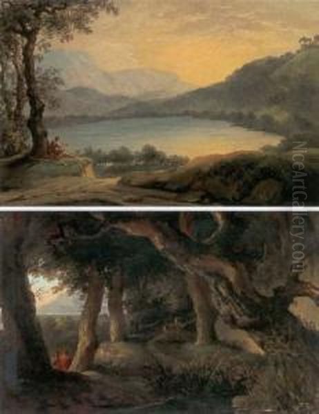 A View Of Lake Nemi With A 
Piping Shepherd And A Wooded Landscape With A Deer And Two Figures 
Conversing Before A Distant Town: A Pair Of Paintings Oil Painting by Pierre-Henri de Valenciennes