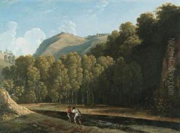 An Italianate Wooded Landscape With Two Fishermen By A Stream Oil Painting by Pierre-Henri de Valenciennes