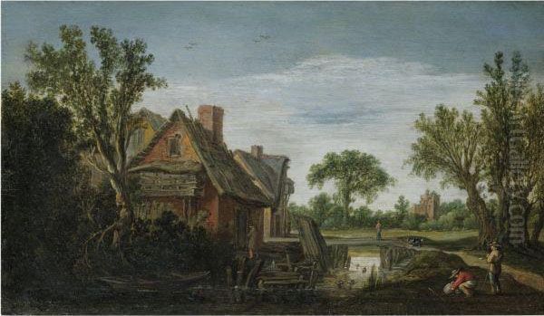 A Wooded River Landscape With 
Figures On A Path On A River Bankbeside A Village, A Bridge Beyond Oil Painting by Esaias Van De Velde