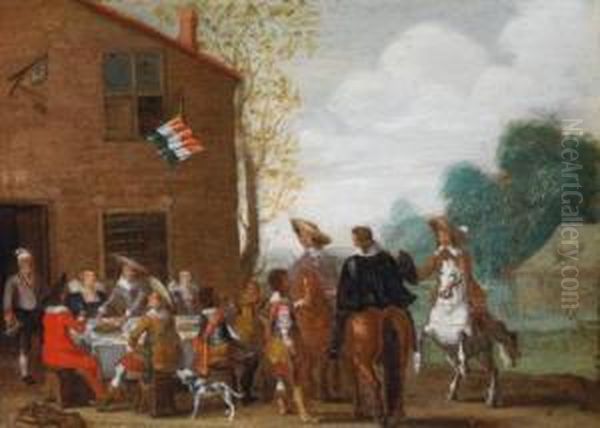 Eine Vor Einem Wirtshaus Rastende Jagdgesellschaft Oil Painting by Esaias Van De Velde