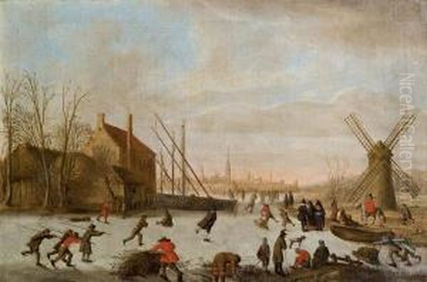 Winterlandschaft Mit Eislaufern Und Muhle Oil Painting by Esaias Van De Velde