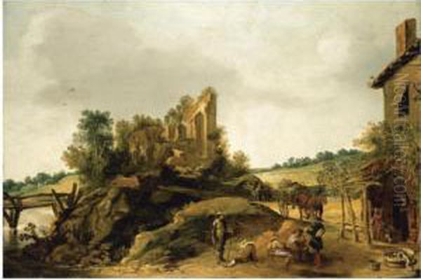 A Tavern In A Hilly Landscape Oil Painting by Esaias Van De Velde