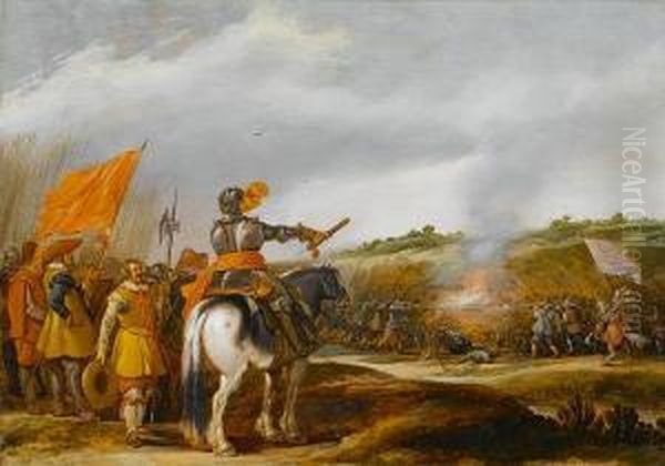 A Mounted General Addressing His Troops, Aninfantry Battle Beyond Oil Painting by Esaias Van De Velde