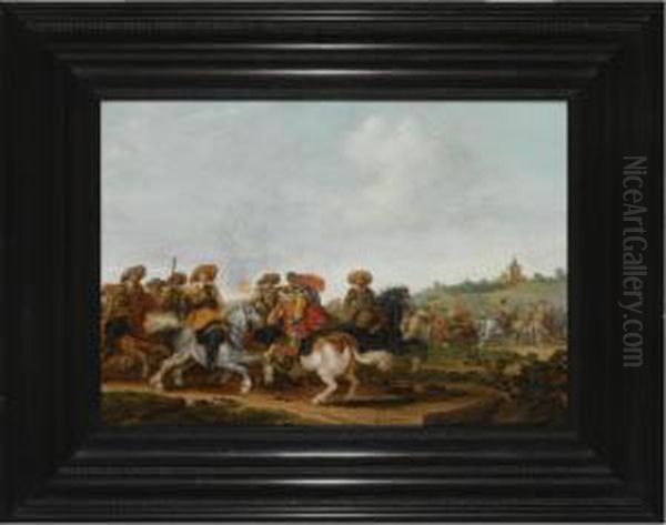 A Cavalry Battle With A View Of A Church Beyond Oil Painting by Esaias Van De Velde