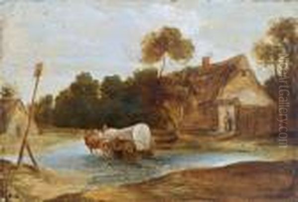 Ansicht Einesbauernhauses Mit Einem Den Fluss Passierenden Pferdewagen Oil Painting by Esaias Van De Velde